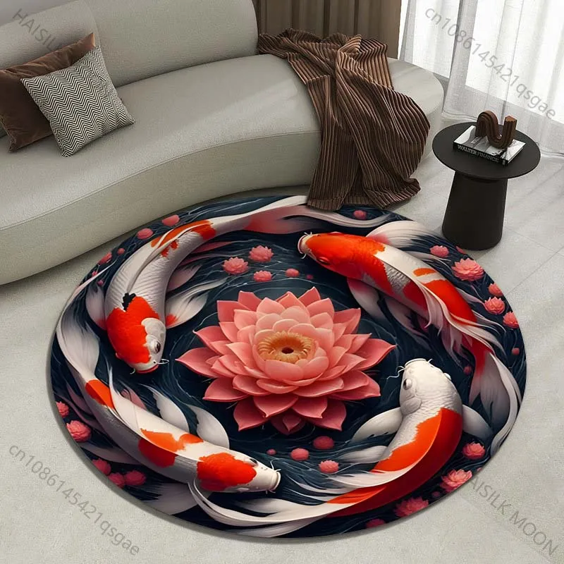 Multiple sizes Koi Surrounding Lotus Print Round Carpet Living Room Bedroom Table Chair Sofa Decorative Carpet Luxury gifts