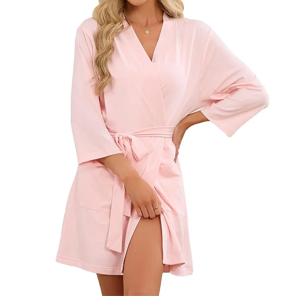 

Womens Tencel Cotton Kimono Robe, Soft Lightweight Short Bathrobe, V-neck Spa Loungewear with Pockets