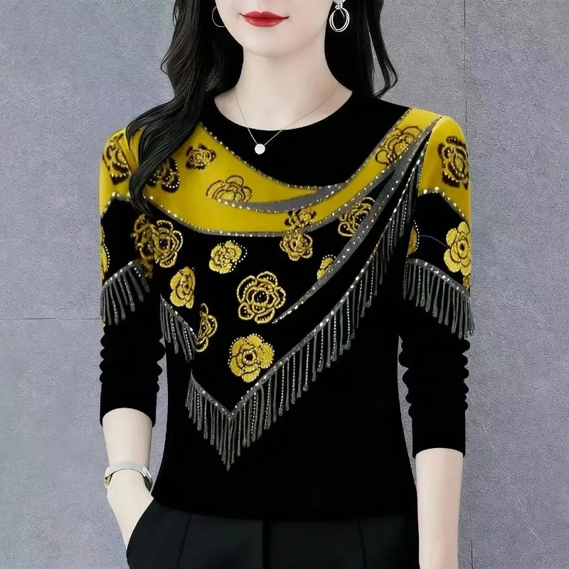 Fashion Round Neck Long-sleeved Bottoming Shirt for Women Spring Autumn New Style Belly-covering Large Flower T-shirt Top