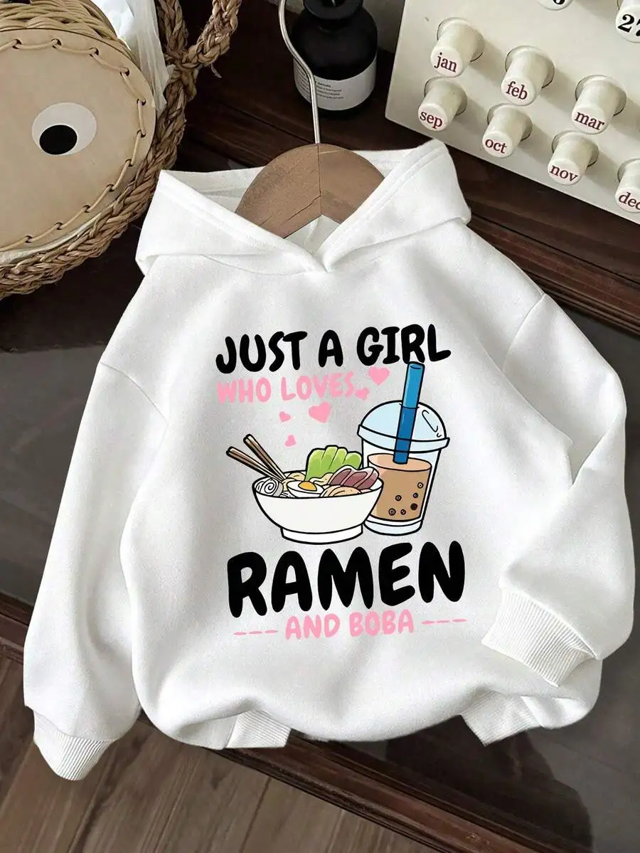 

Kids Unisex Hoodie with Ramen and Bubble Tea Graphic Print, Loose Fit Casual Sweatshirt