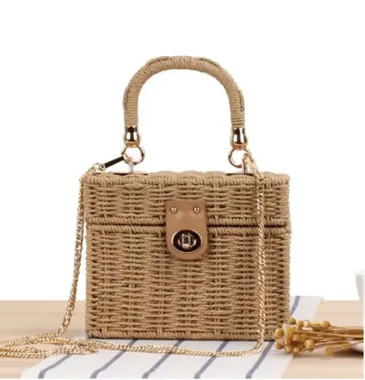 Fashion Square Hand-Woven Rattan Women Handbags with Paper Rope Handle Durable Summer Girl Beach Tote Bag Metal Chain Crossbody