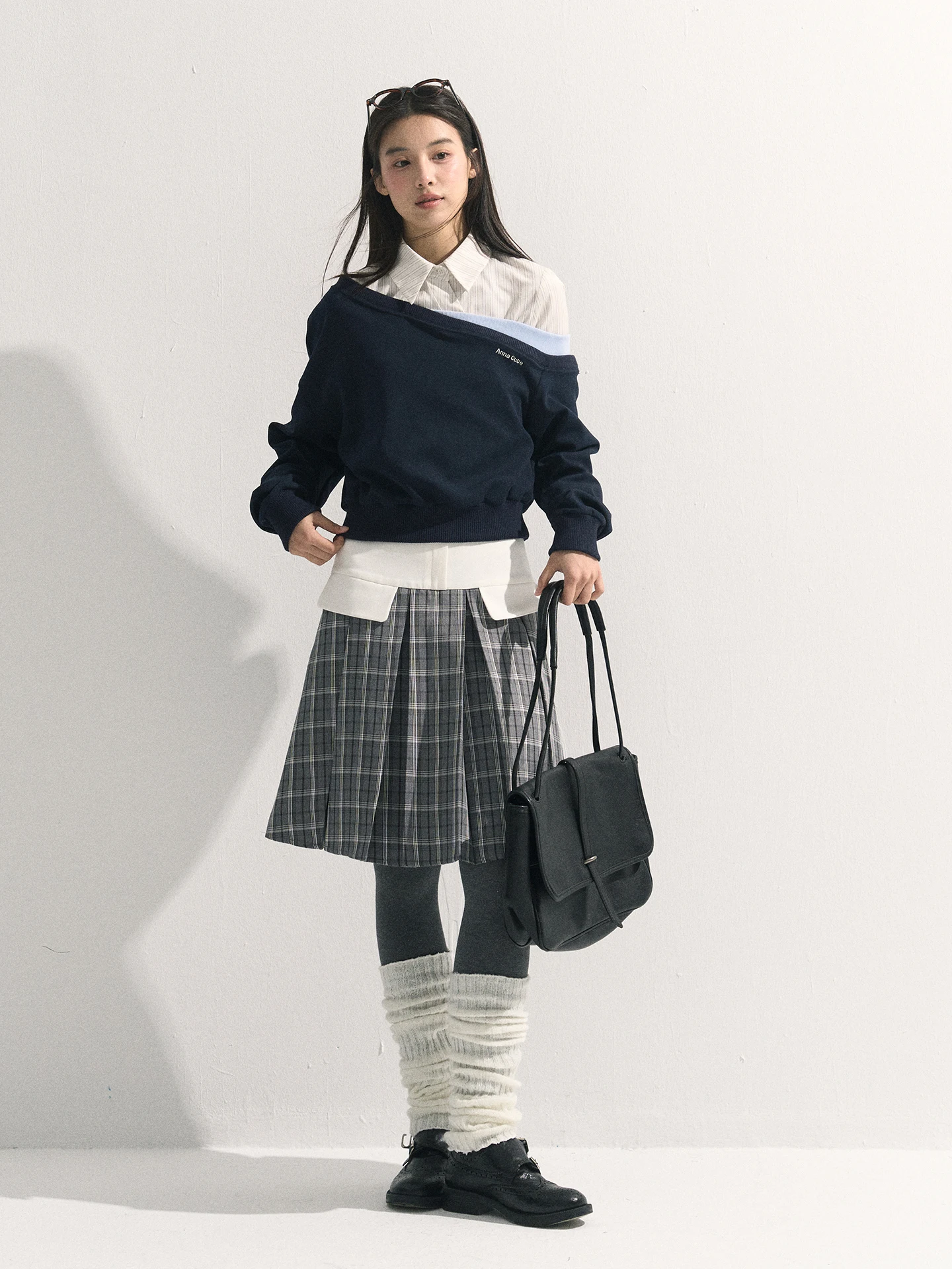 

Anna Cute Color Blo oulder Толстовка в полоску irt Plaid Box Плиссированная юбка Комплект футболок Корейский Sle Женский Faion Ens...