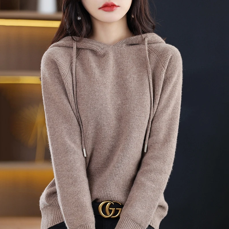 2023 New Cashmere hooded sweater Women Long Sleeve Autumn and Winter Knit hooded Pullover Solid Color Cashmere Base