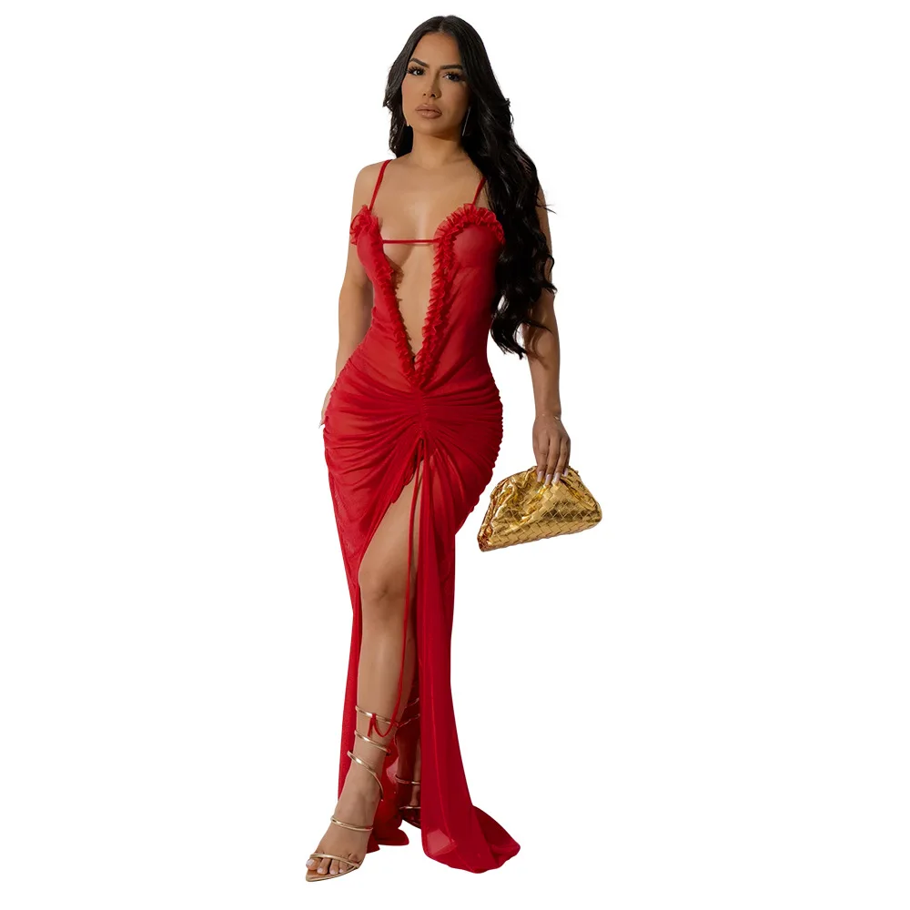 EINY-Vestido largo plisado de malla Noble para mujer, camisola sin mangas con cuello Halter, camisola con abertura, vestido de noche de lujo para ocasiones de Graduación