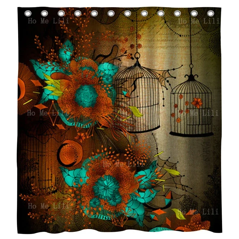 Orange And Turquoise Color Inspiration Design Frozen Dreams Unique Flowers Cage Vines Shower Curtain By Ho Me Lili