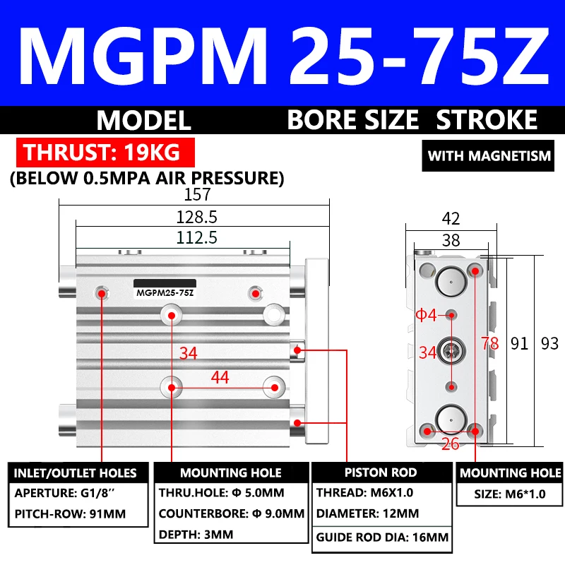 

ABILKEEN MGPM Series Pneumatic Compact Guide Cylinder MGPM25-75Z 25MM Bore X 75MM Stroke Thin Three Axis Three Rod Air Cylinder