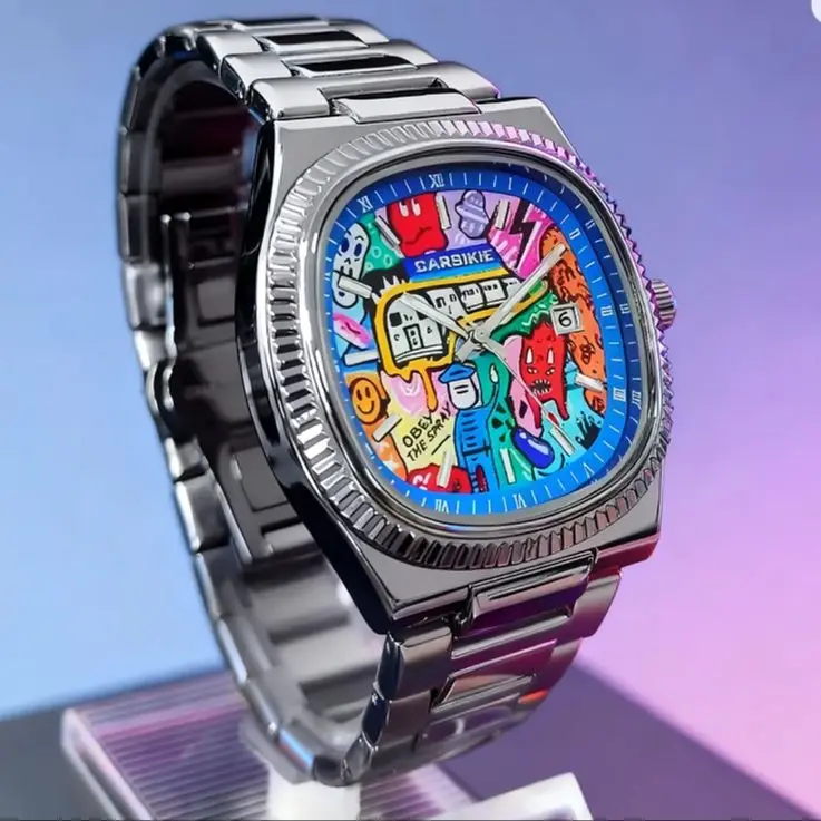 グラフィティ漫画腕時計男性用スクエアラージダイヤルクォーツ腕時計ファッションストリートウェア防水時計ステンレススチール付き