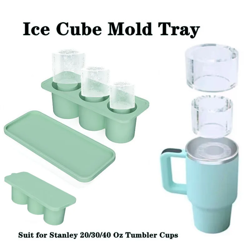 3-Grid Ice Cube Tray For Stanley 30/40 Oz Tumbler Cups Reusable Cylinder Silicone Ice Cube Molds With Lid For Drink Juice Coffee