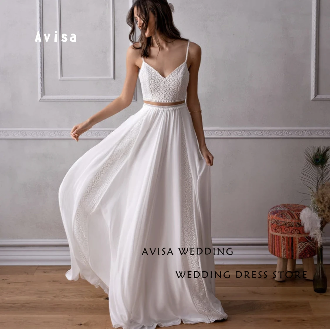 Vestidos de casamento simples Boho, Linha A, cintas de espaguete, sem encosto, sem mangas, elegantes vestidos de noiva, novo, 2 peças, 2024