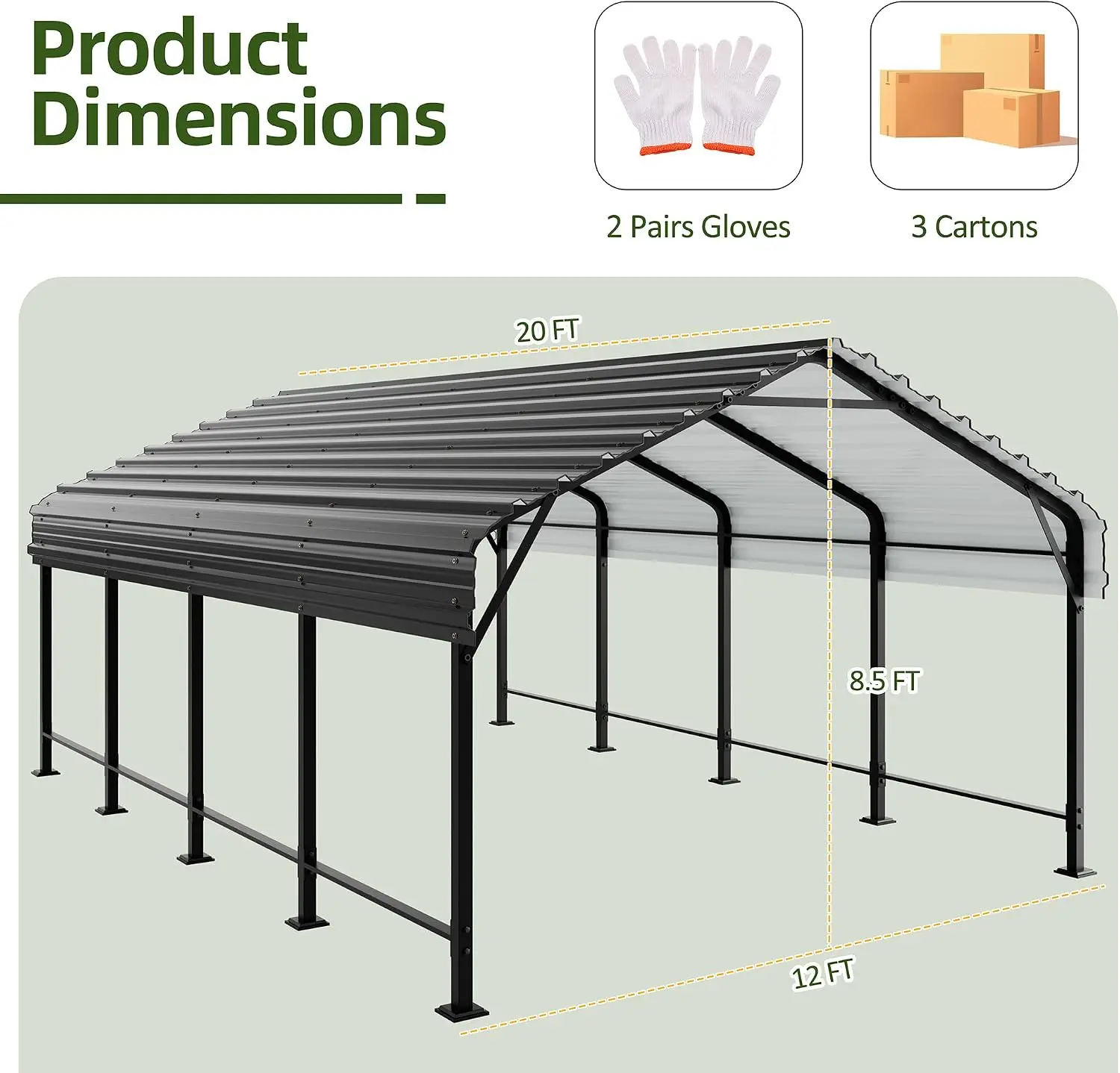 Heavy Duty Metal Carport Garage, Outdoor Galvanized Steel Vehicle Canopy Shelter, Weather Resistant Parking Shed, Multi Purpose Storage Tent For Cars Trucks Boats Tractors, Grey Set