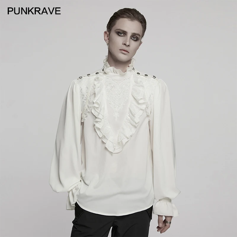 

PUNK RAVE Men's Gothic Chiffon Lace Jacquard Glamorous Pullover Shirt Exquisite Ruffles Rich Visual Party Elegant White Tops