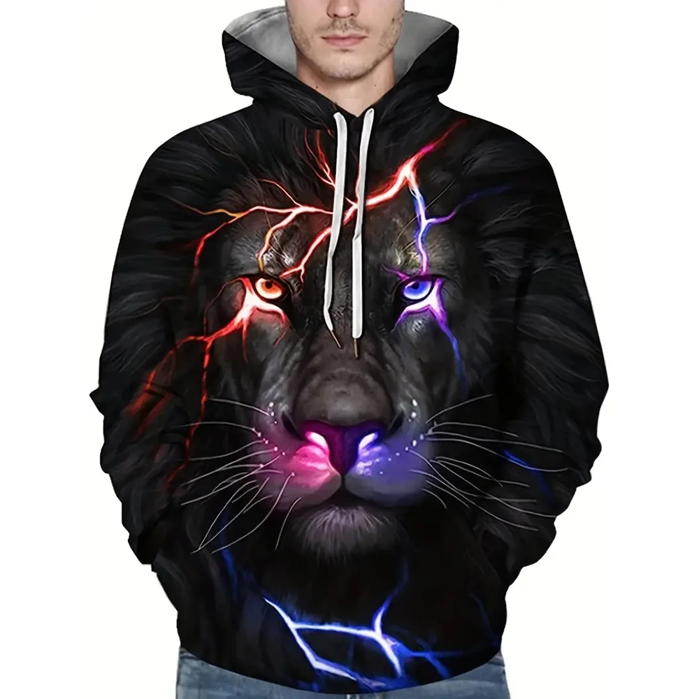 

Vintage Lightning Lion Print Men's Sportswear Two-Piece Vintage Pullover Fashion Men's Fall/winter Casual Plus Street Sweatshirt