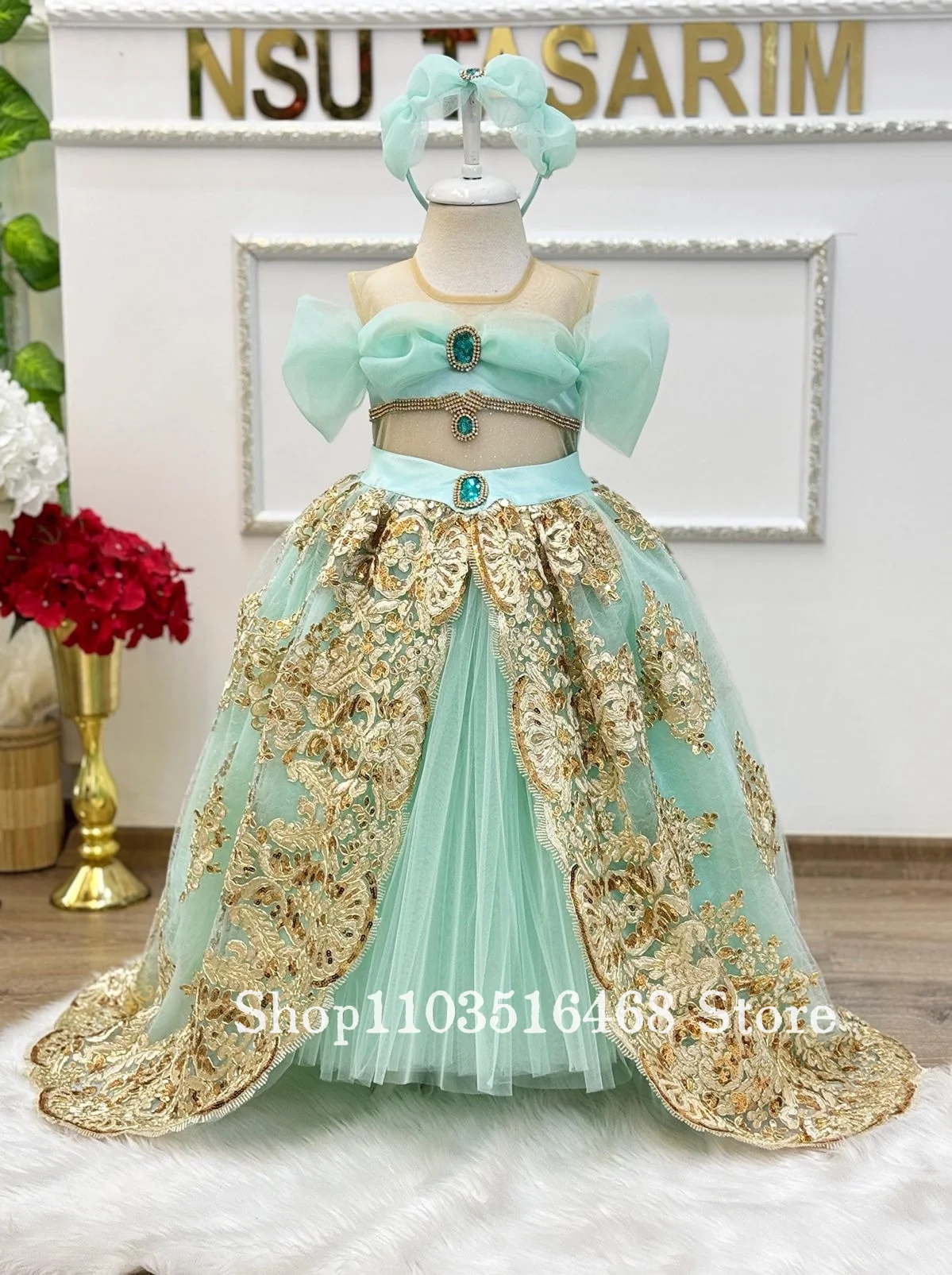 Customised Green Flower Girl Dresses Gold Embroidered Princess Children's Dresses Children's Role-Play Princess Pageant Dresses