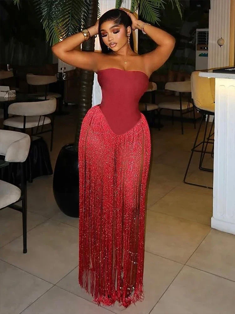 Girls Bodysuits Woman Sexy Chest Wrap Backless Sleeveless Tassel Decoration Hem Midnight Club Party Bodycon