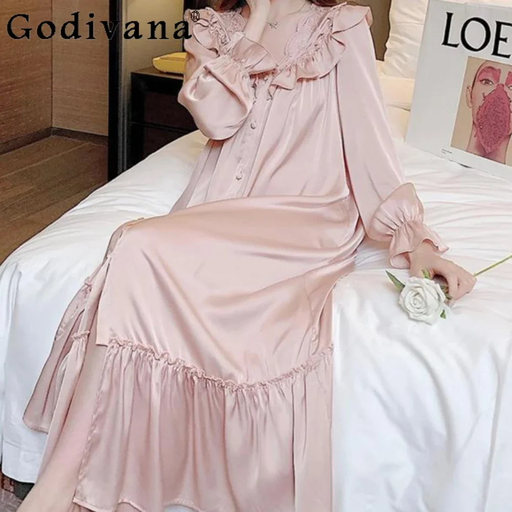 

Vintage Women's Sleepwear Princess Sweet Spring Autumn Female Pajamas Long-Sleeved Style Nightgown Homewear