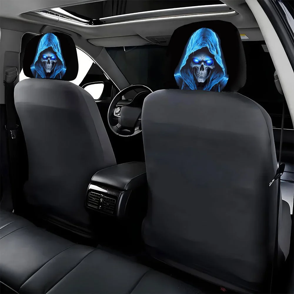 Blue Skull Pattern Car Headrest Cover, Universal Headrest Protector Case, Fashion Auto Interior Decor Accessory