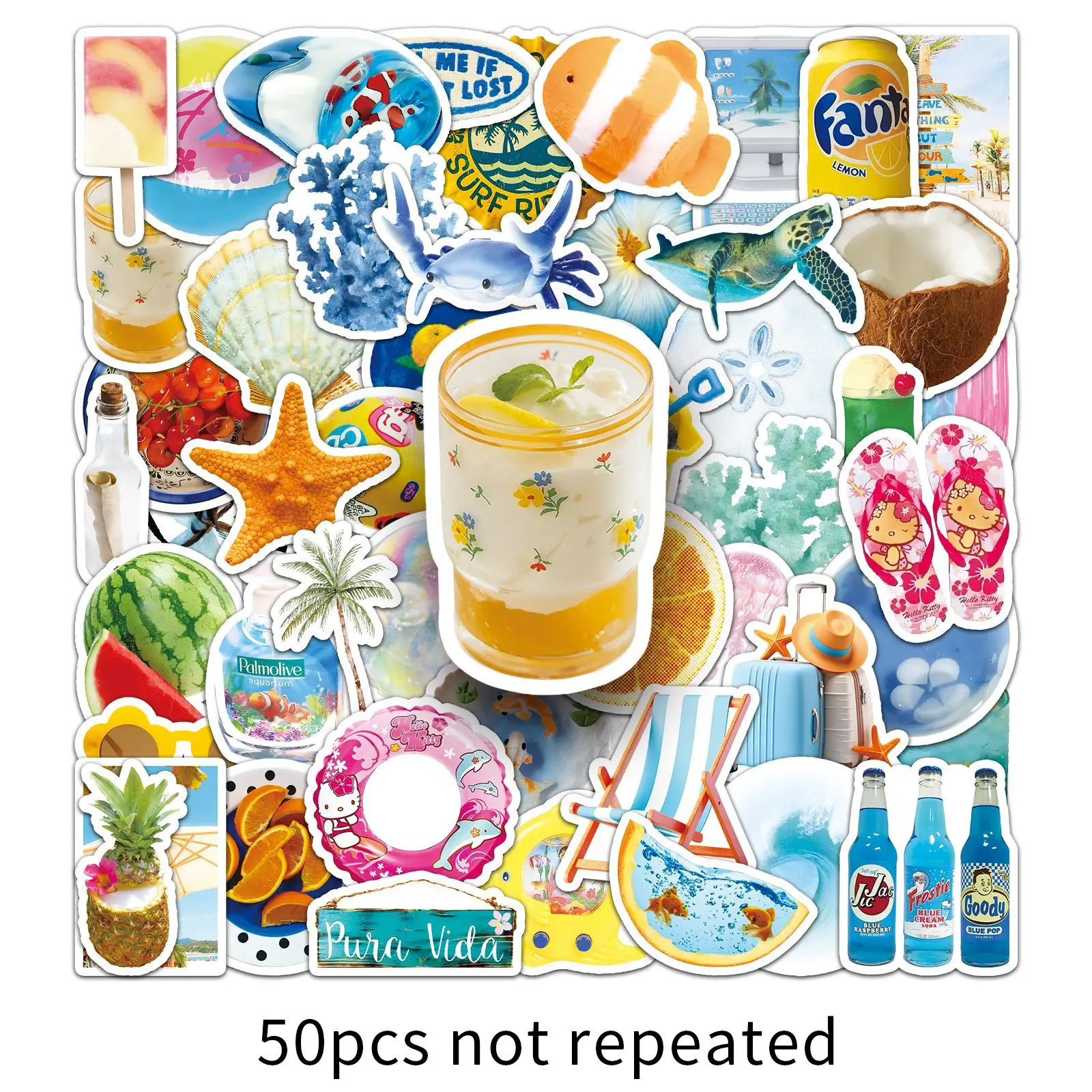 

10/50PCS Ins Style Blue Stickers Cartoon Fun Summer Sands Graffiti Decal Kids Toy for Refrigerator Pencil Case Scrapbook Luggage