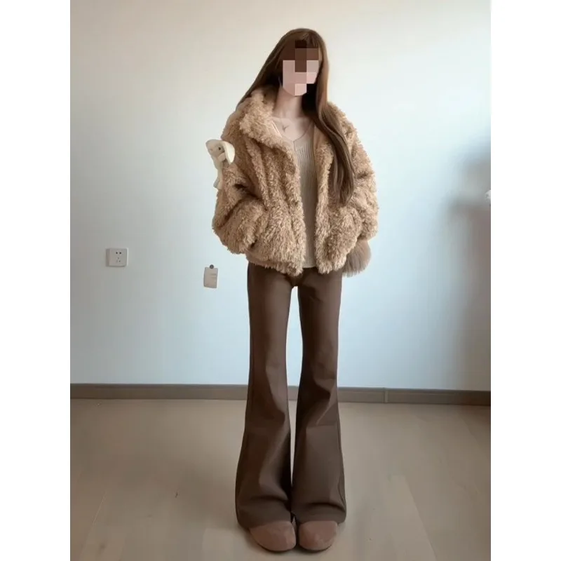 Melard Brown Slightly Flared Jeans Women Low-waisted Non-cling-to-leg Loose Slimming Horseshoe Pants Casual Draped Flared Pants