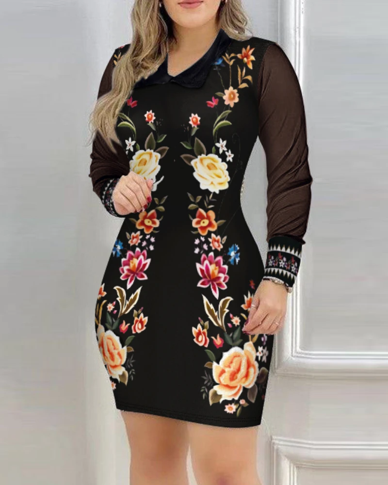 

Novelty Woman Dress 2025 Floral Print See Through Sheer Mesh Long Sleeve Sexy Turn-Down Collar Bodycon Mini Dress