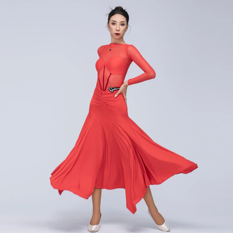 High-End Waltz Ballroom Dance Professional Dresses Women Red Long Sleeved Latin Dance Competition Costume Stage Wear DW10457