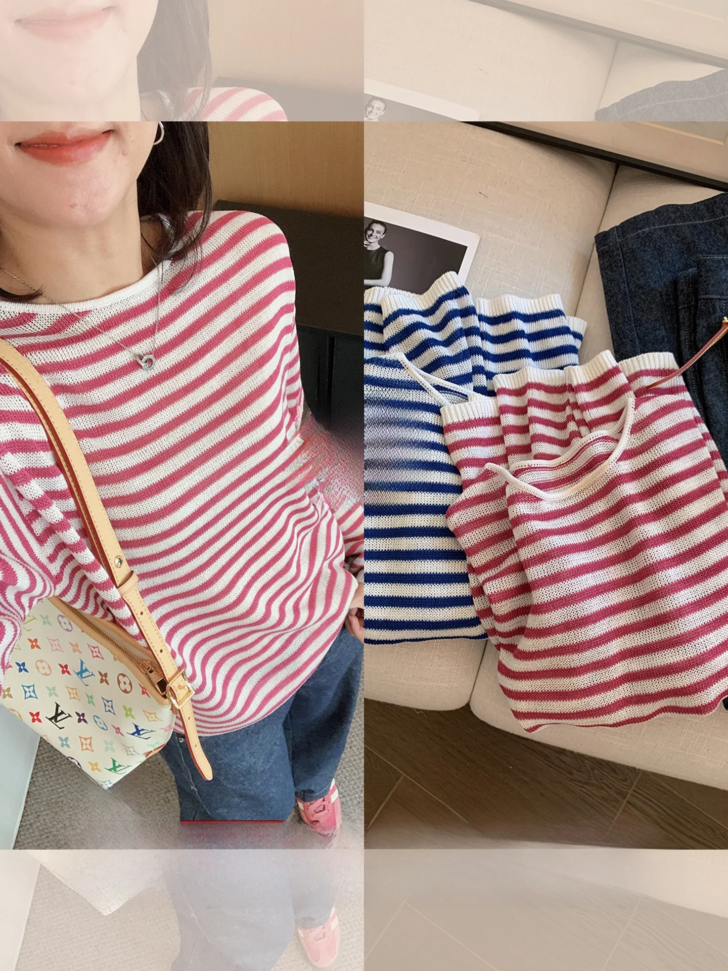 

Loose Knitted Striped Shirt Linen Contrast Color Block Navy Style Women's Long Sleeve round Neck Pullover Sweater