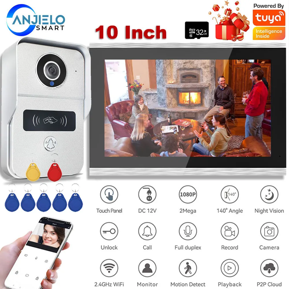 TUYA 1080P 10 Inch 7 Color Touch Screen Wireless Wifi Video Doorbell Smart APP Home Intercom Kit for RFID Access Control System