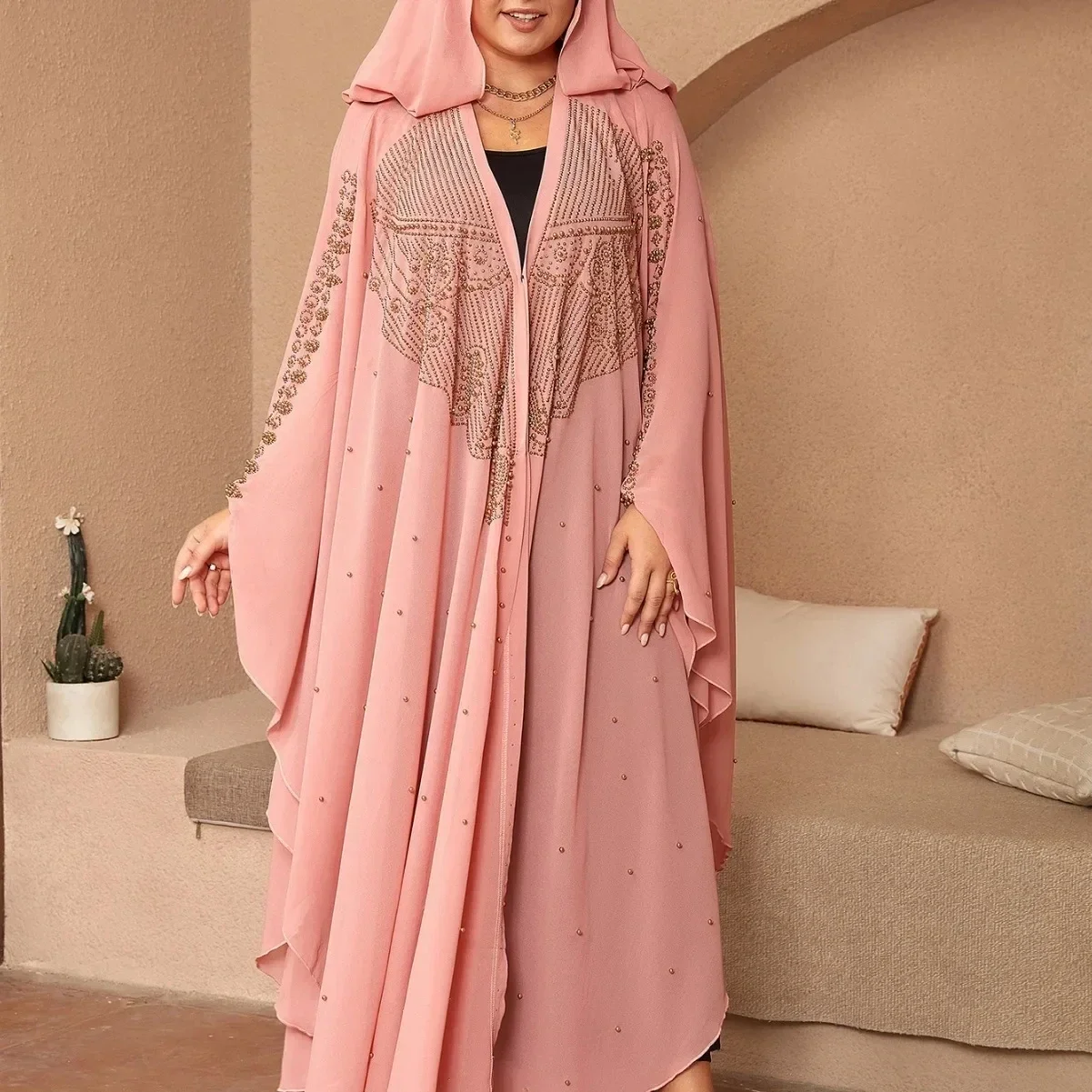 African Female Dress Outfit Plus Size Dress Women Elegant Luxury African Long Sleeve V-neck Pink Navy Blue Muslim Fashion Abaya