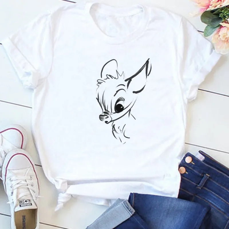 Cartoon Bambi New 2024 Women Printed T Shirt Girl Short Sleeve Shirt Disney Clothes Funny Harajuku Y2K Kawaii Streetwear Clothes