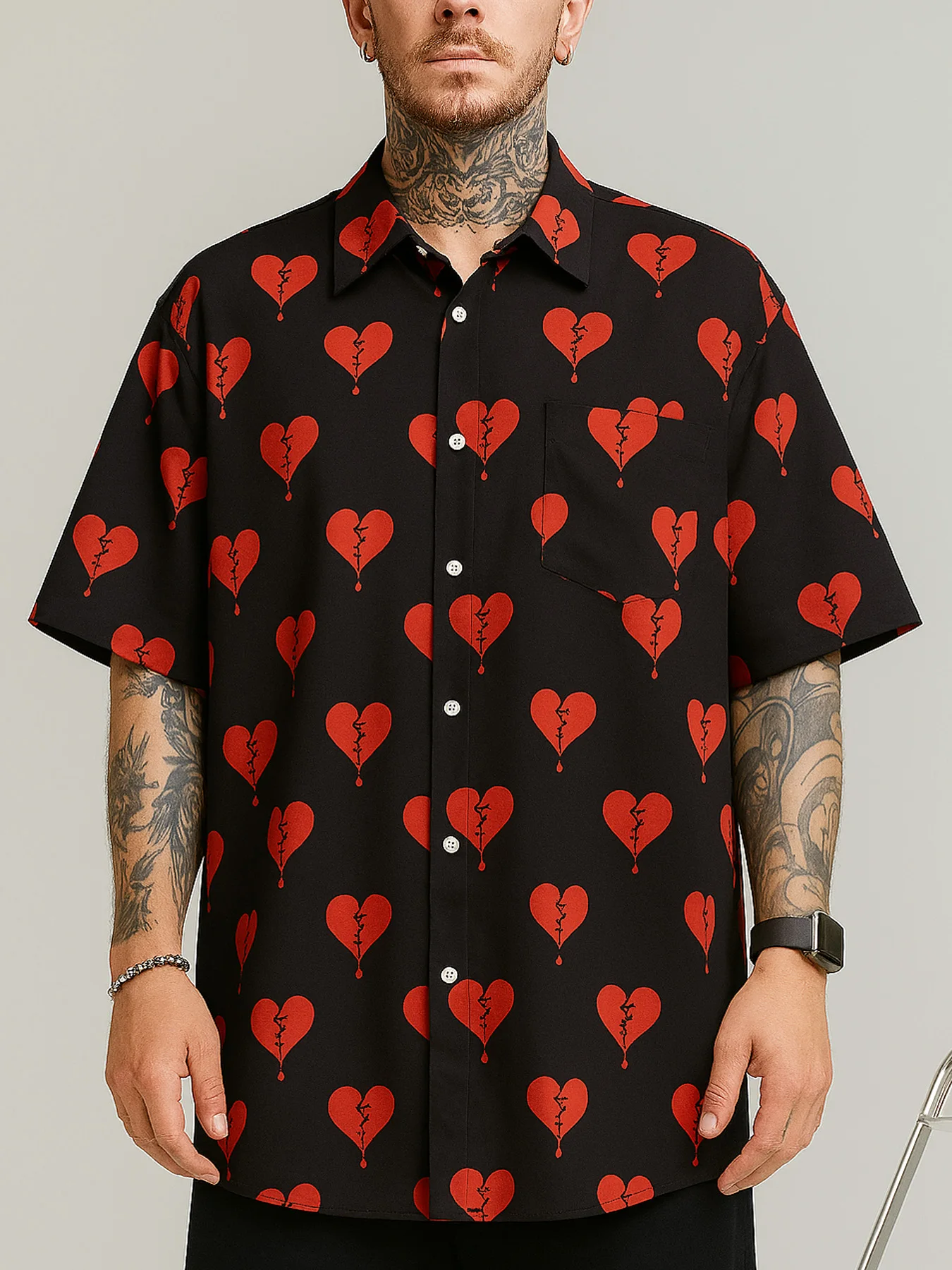 

Oversized Loose Short Sleeve Heartbreak Printing Print Hawaii Beach Summer Men Shirt Student Couples Casual Mens Clothing