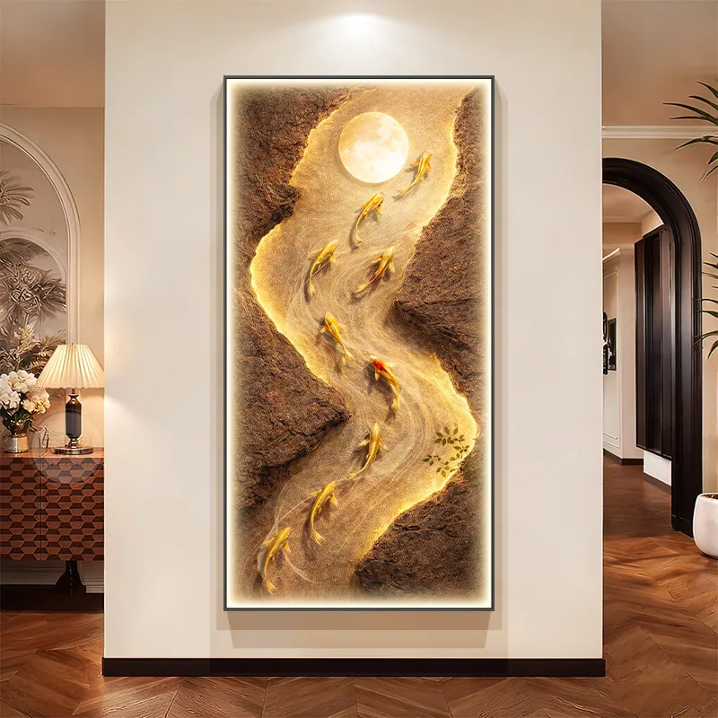 Mid ancient style nine fish painting, entrance hall decoration painting, three-dimensional texture, corridor corridor with light