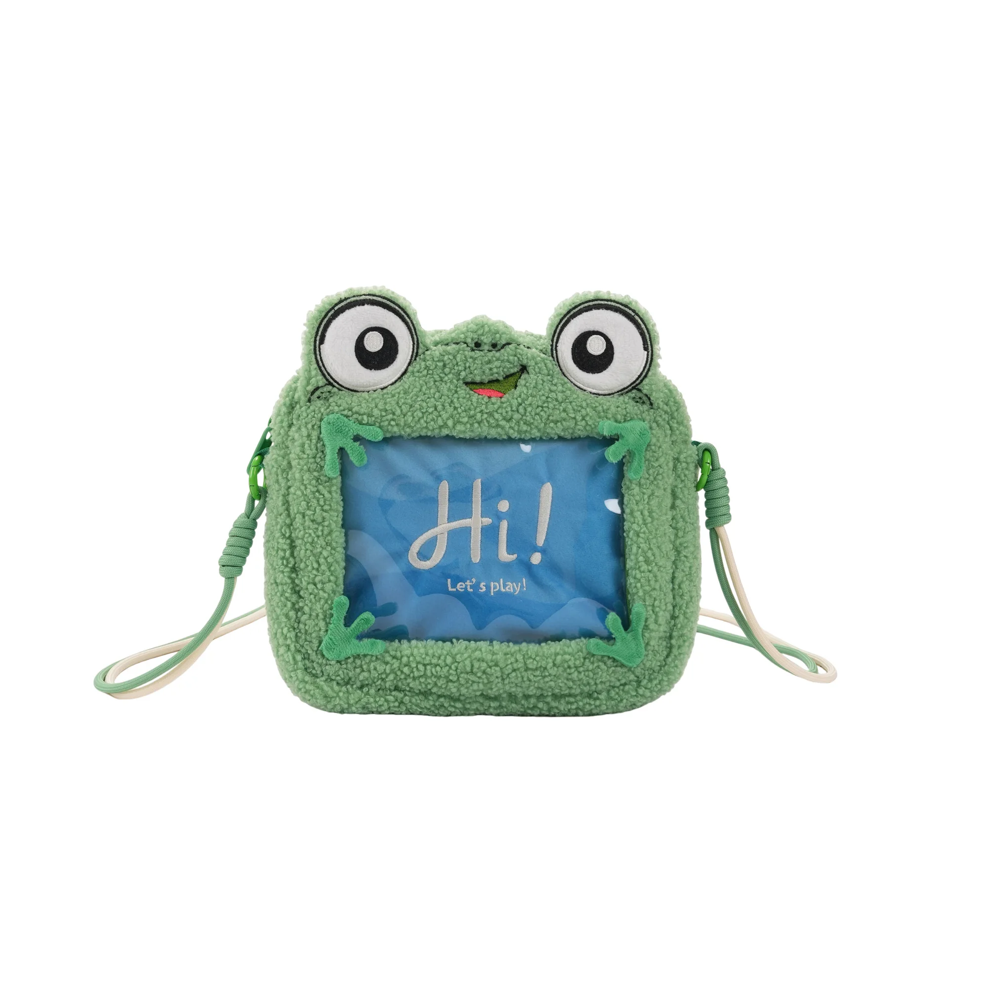 MINISO Pixar Toy Story 5 Frog Tablet Crossbody Bag Cute Green Plush Shoulder Bag Clear Window Messenger Pouch Adjustable Strap