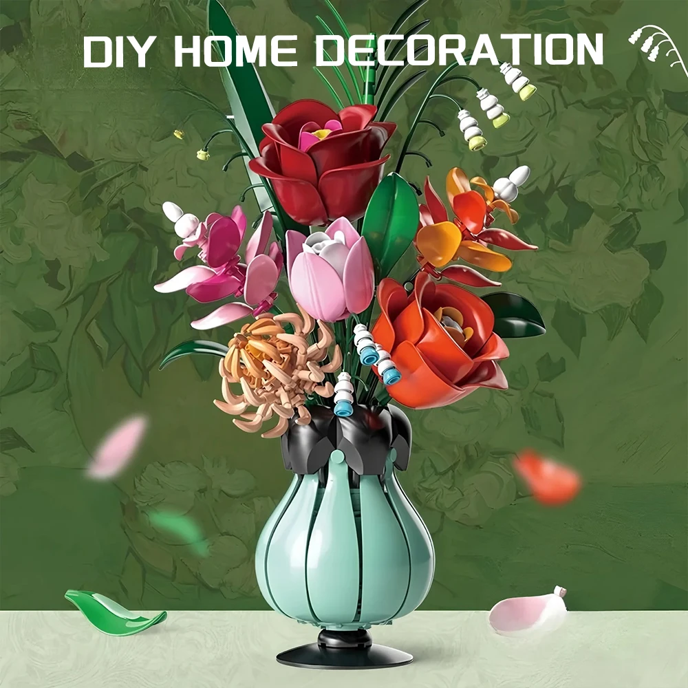 

2026 New Hot Sale 3D Flower Bouquet Building Blocks Toy with Vase Home Decor Kids DIY Assembly Toys Flower Bouquet Bricks Gifts