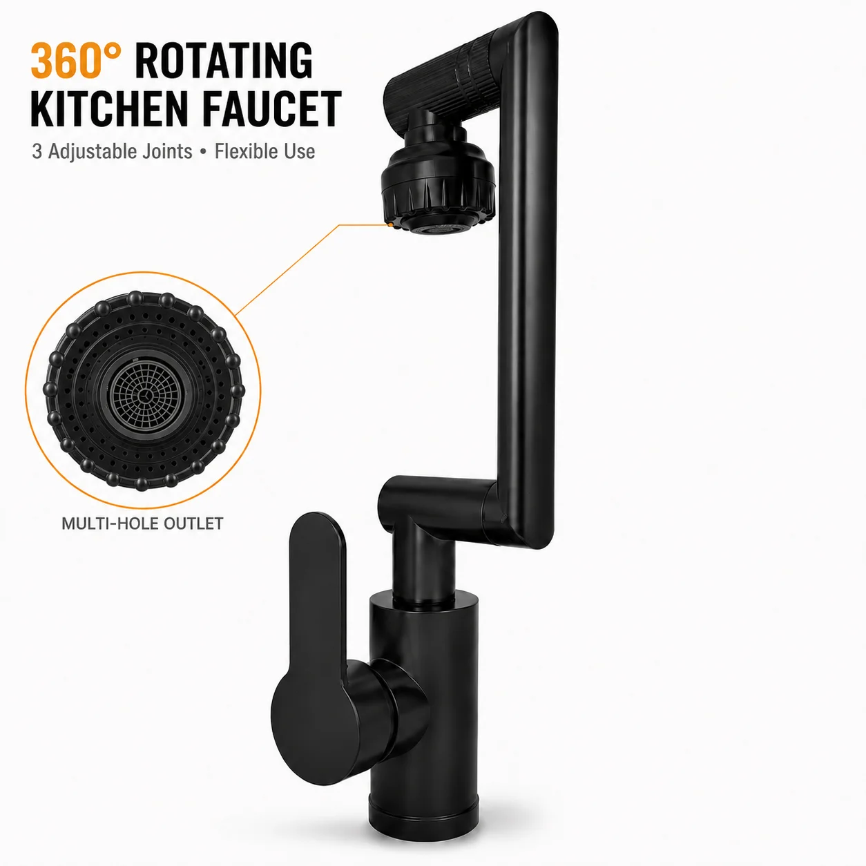 360° Rotatable Kitchen Faucet Multi‑Joint Swing Arm Black Plastic Sink Tap Multi‑Mode Water Outlet For Home Kitchen Sink