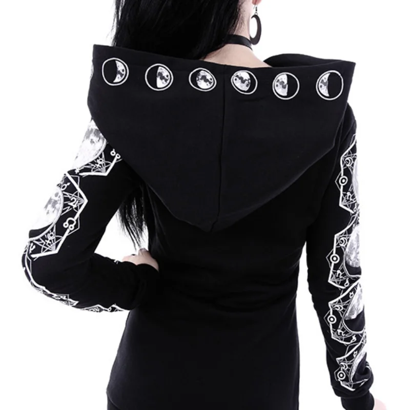 Hot Selling Black Punk Peng Hoodie with Moon Print Long Sleeved Hoodie