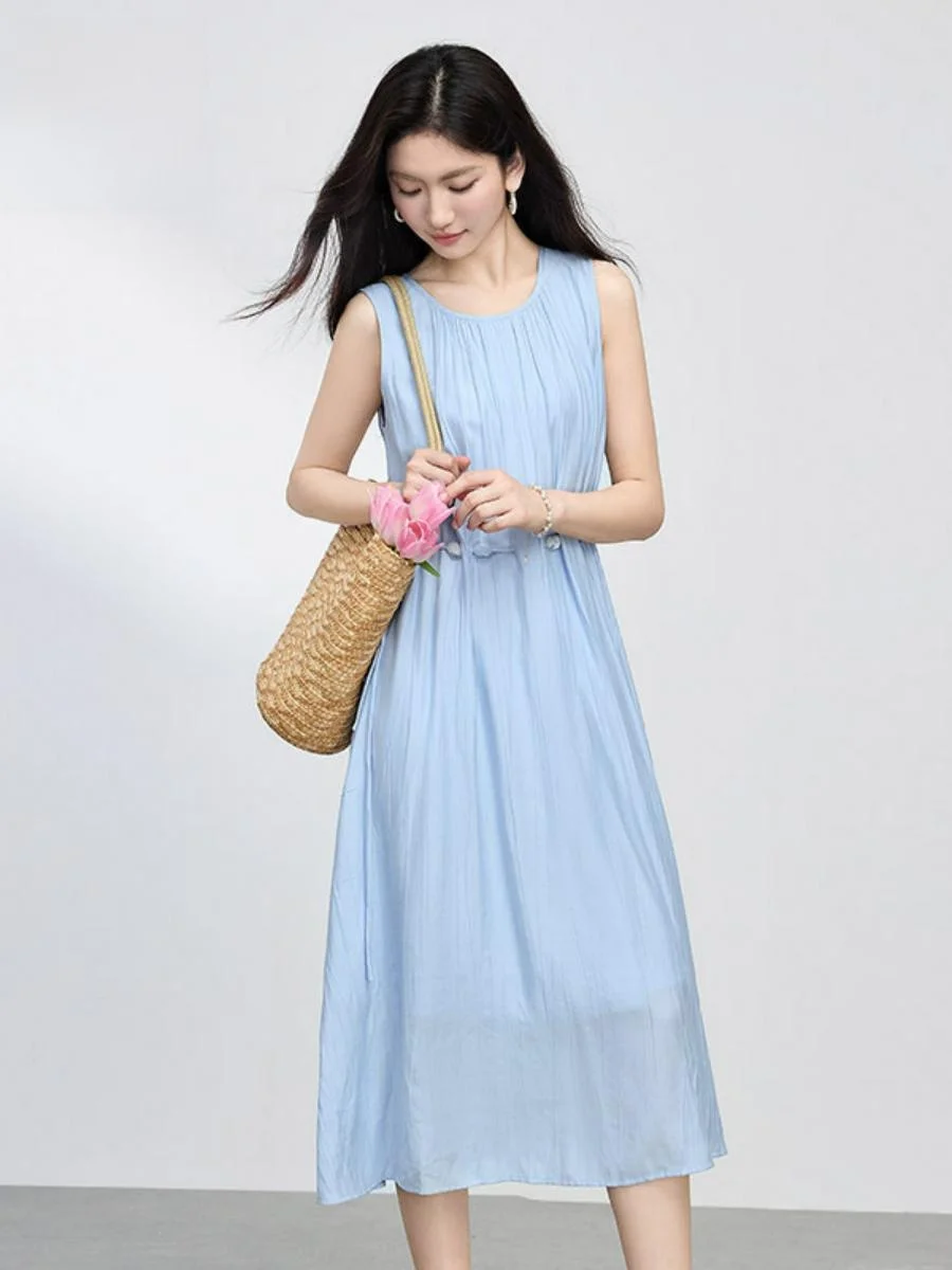 

Синее летнее платье с бисером и застежкой на талии, круглое длинное платье трапециевидной формы для женщин, повседневное платье из вискозного волокна Dr