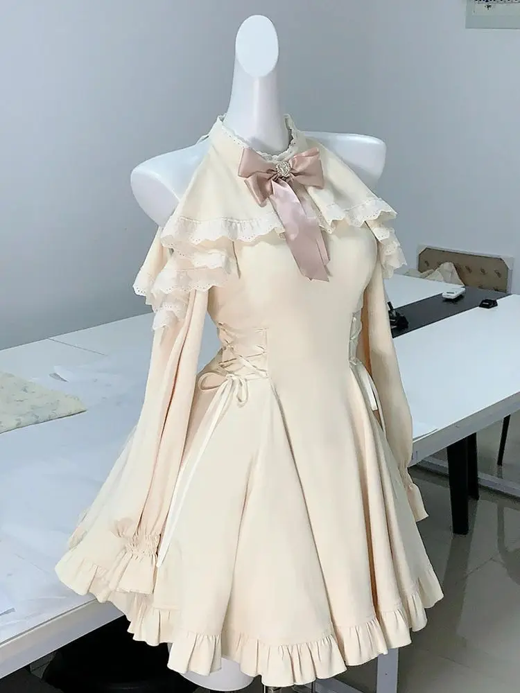 Diseño dulce fuera del hombro vestido delgado de las mujeres de moda elegante arco con cordones vestidos cortos otoño Chic cálido Kawaii Mini vestidos nuevos