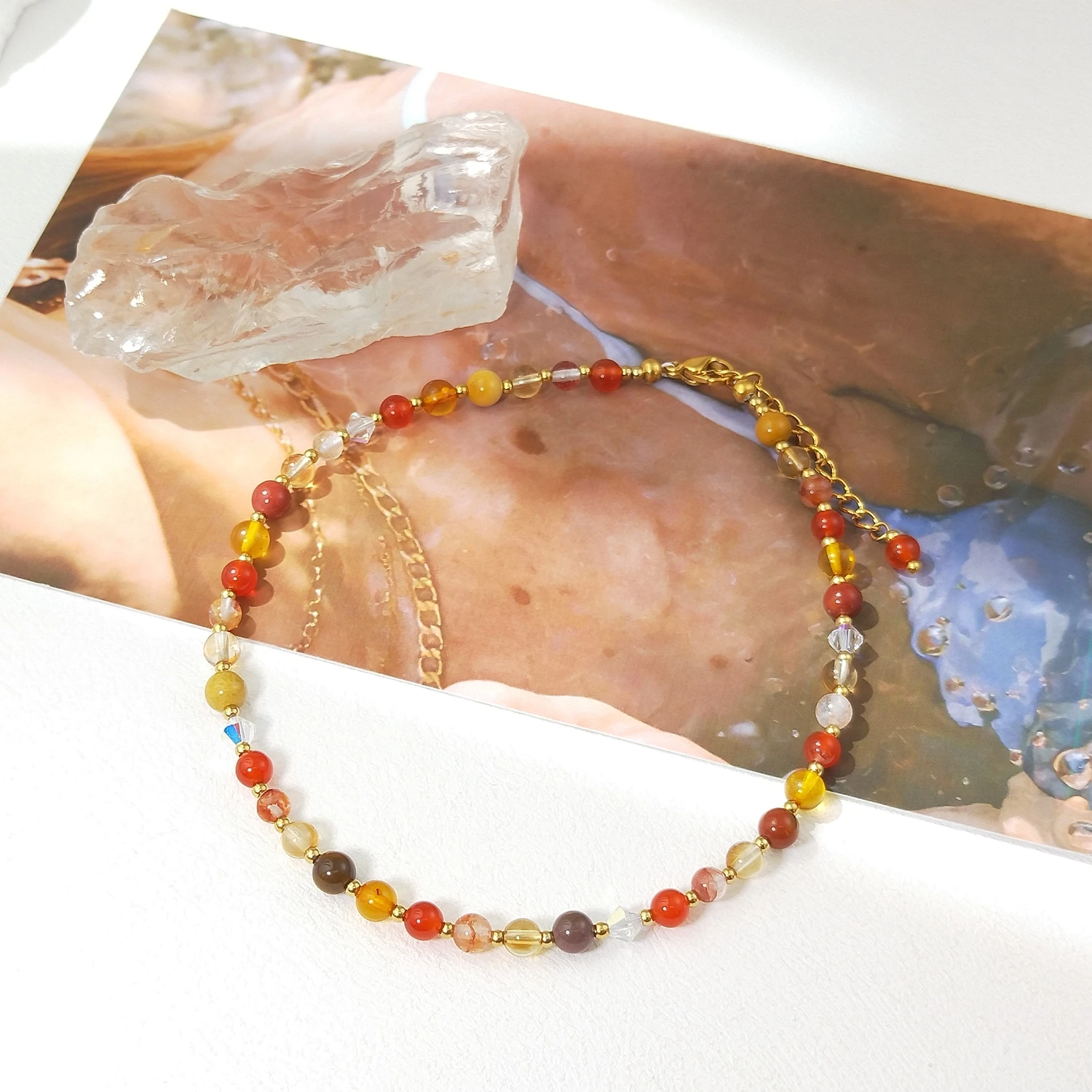 

Lii Ji Hematoide Quartz Carnelian Mookaite Jasper Citrine Amber 4mm Anklet 25+3cm Handmade Bohe Fashion Jewelry For Female