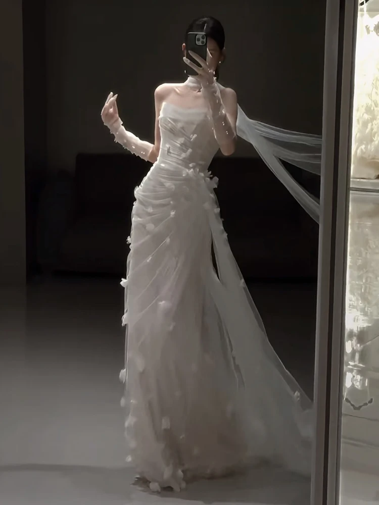 

Ele Off-oulder White Bridal Dr Travel Photoaphy Fi-Tail Exit Veil High-Quali Net Fabric Floral Embroidery Mid-...