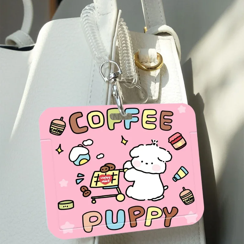 Pink Coffee Puppy Horizontal Card Holder with Retractable Spring Cord for Kpop Idol Card Collect Organizer Stationery Ect.