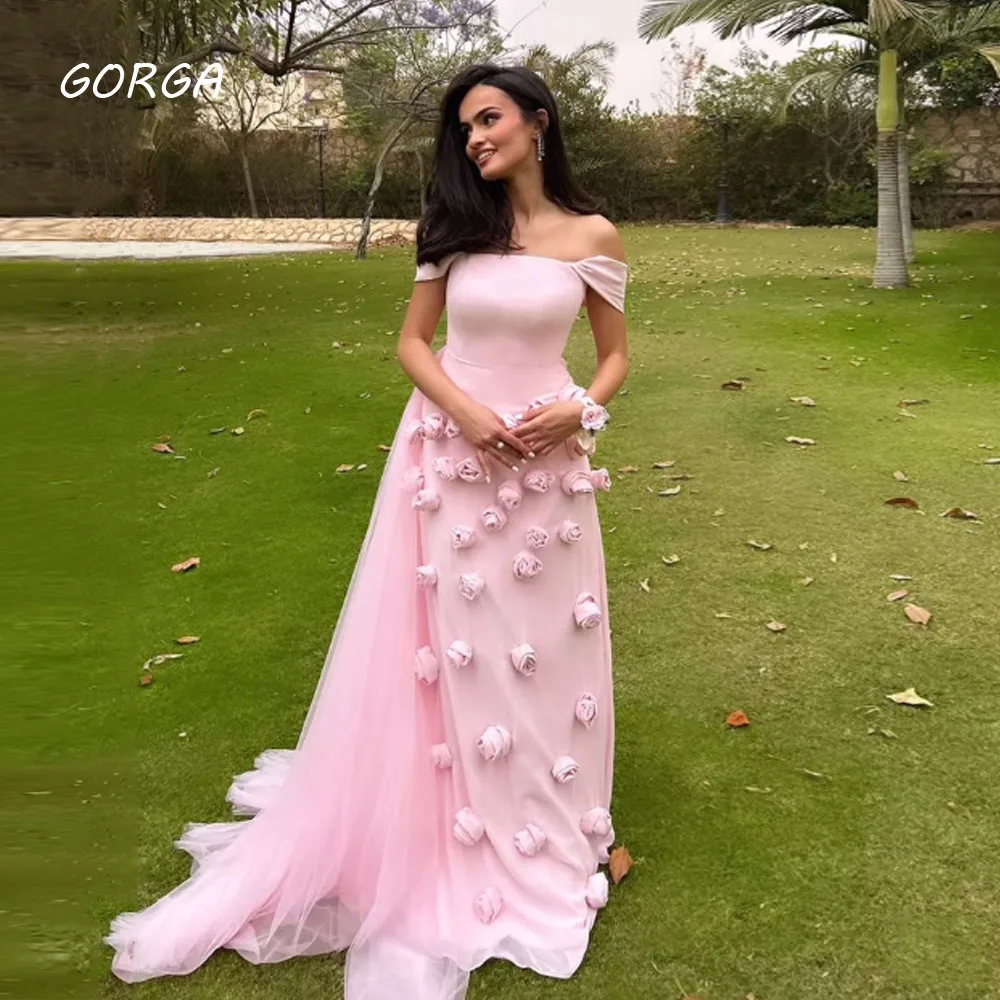 GORGA Simple Pink Off The Shoulder Tulle Mermaid Prom dress 2024 Slim 3D Flowers Floor-Length Formal Evening Dress