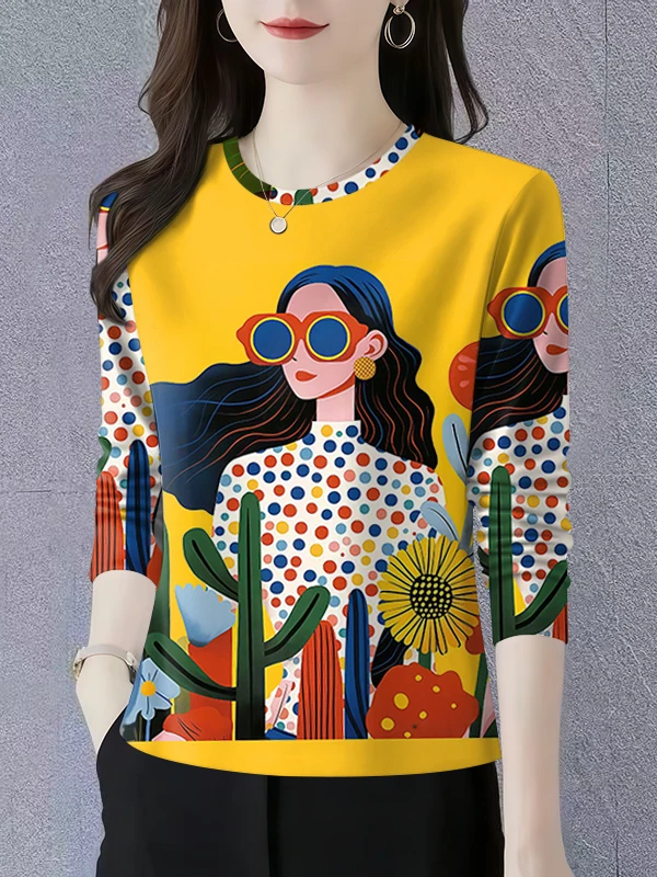 New Long Sleeve 2025 Printed Anti-Aging round Neck Spring Autumn Mom T-Shirt Belly Covering Slimming Versatile Base Shirt Women