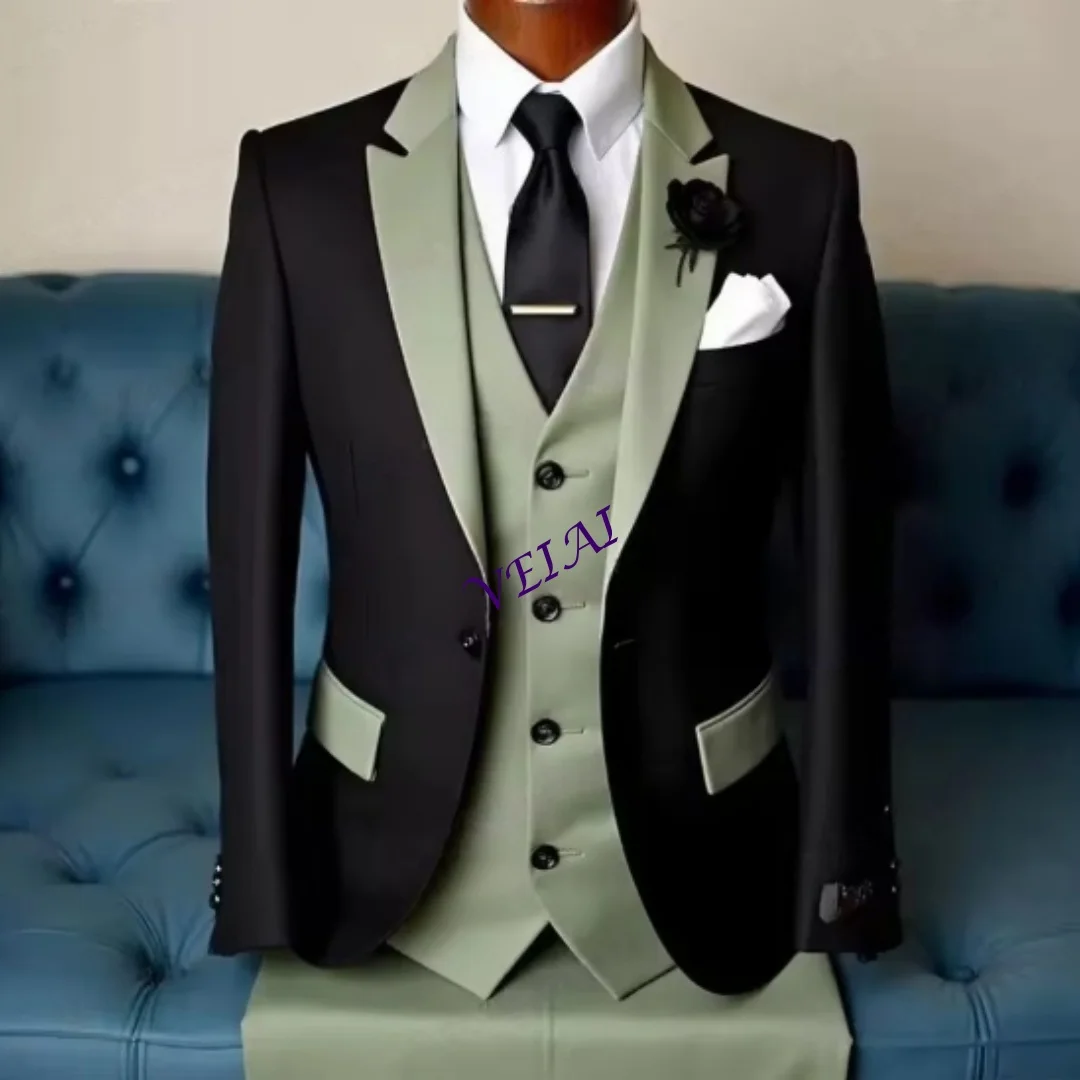 

CustomizedNew Mint Green And Black Men Suit Wedding Party Formal Groom Groomsman Prom Business Male Tuxedos 3 Piece Set Jacket V