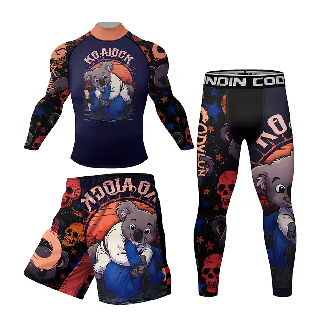New MMA Bjj Jiu Jitsu Rashguard KickBoxing T-shirts+Pants 4 Pcs/Sets Muay Thai Shorts Men Compression Polyester Boxing Fightwear