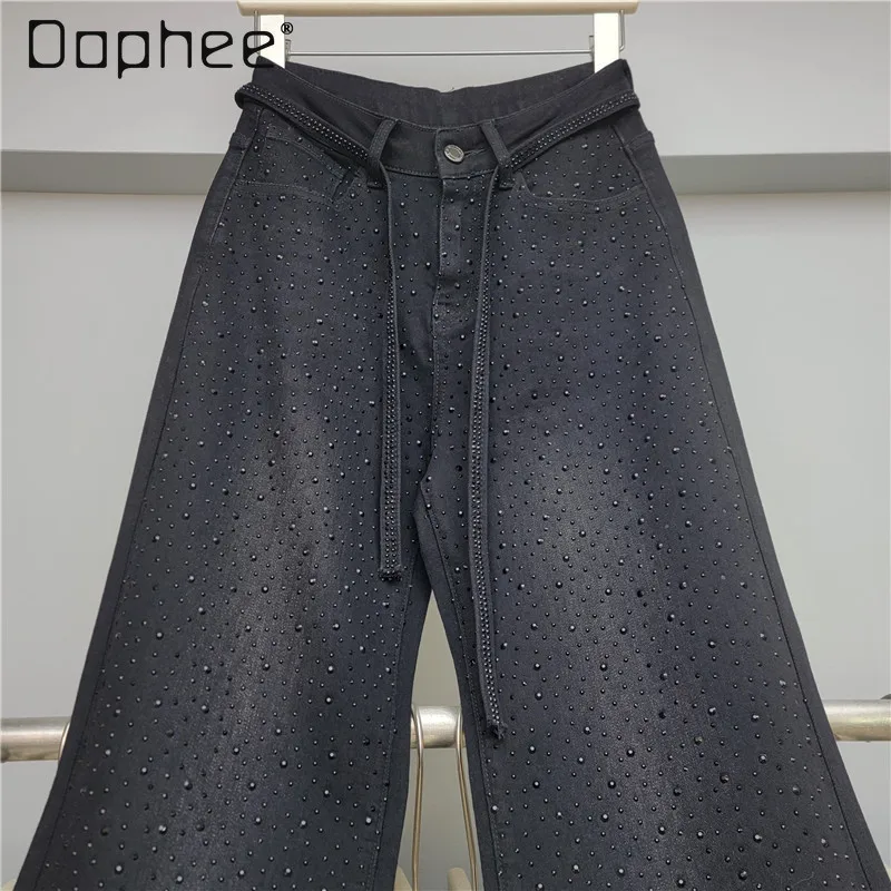 

Diamond Drape Jeans Women's 2025 Spring and Autumn New Loose Wide-leg Design Fashion Straight Floor Pants Black Women Jeans
