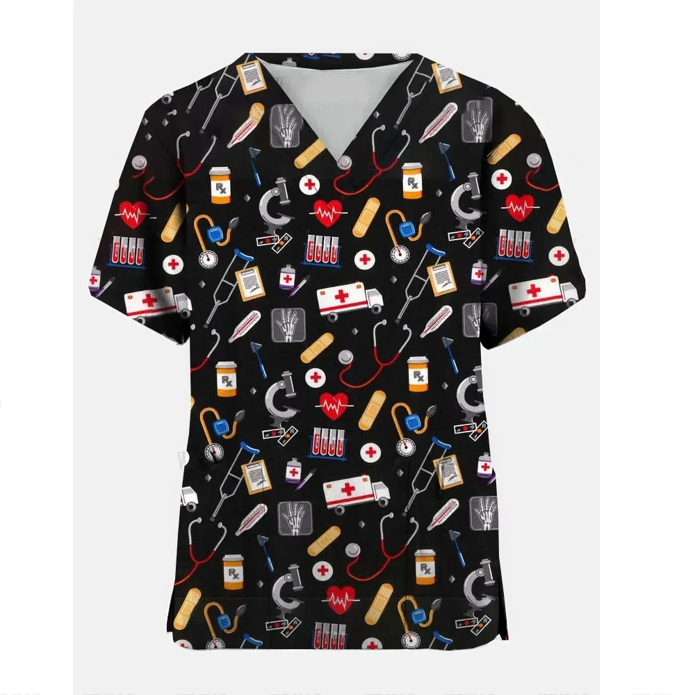 Uniforme de travail pour femmes, motif d'infirmière mignon, uniforme d'infirmière de poche pour animaux de compagnie, hauts de gommage à col en v, vêtements de protection pour clinique de soins de santé