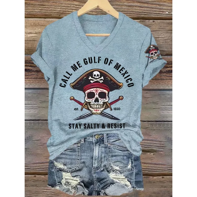 Ladies Gulf of Mexico Print T-Shirts Summer Casual Short Sleeve T Shirt V Neck Tops