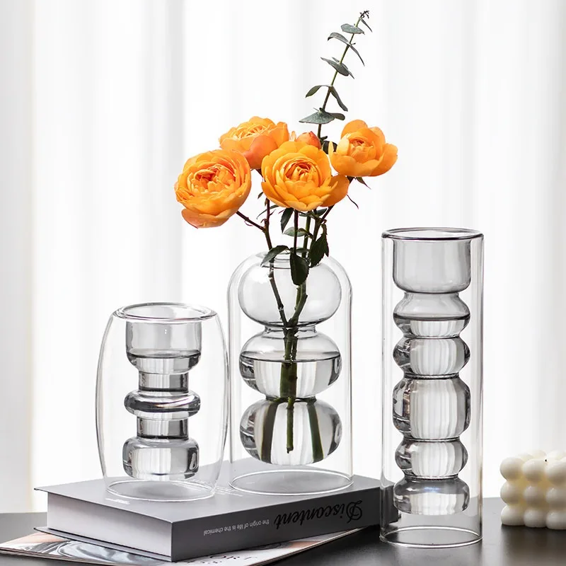 Modern Glass Vase Grey Hydroponic Flower Bottle Geometry Vase Planter Desktop Decoration Ornament Home Decor Accessories
