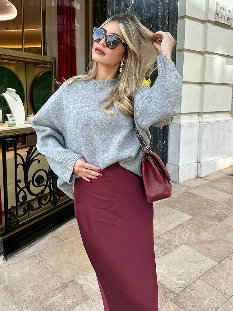 Chicheca Autumn Winter Burgundy Satin Skirt Women Party Silk Skirt High Waist Straight Long Faldas Mujer Christmas Skirt