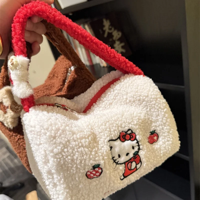 ハローキティ ラムウール ハンドバッグ 秋冬 大容量 化粧品 トイレタリー 収納 シングルレイヤー ジッパー 女の子 クリスマス ギフト