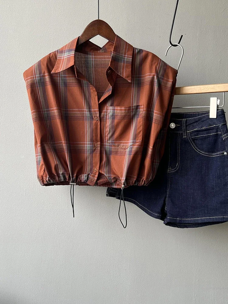 Korean Style Plaid Shirt Women's Summer New Retro Style Casual Sleeveless Shirt Harajuku Casual Tops